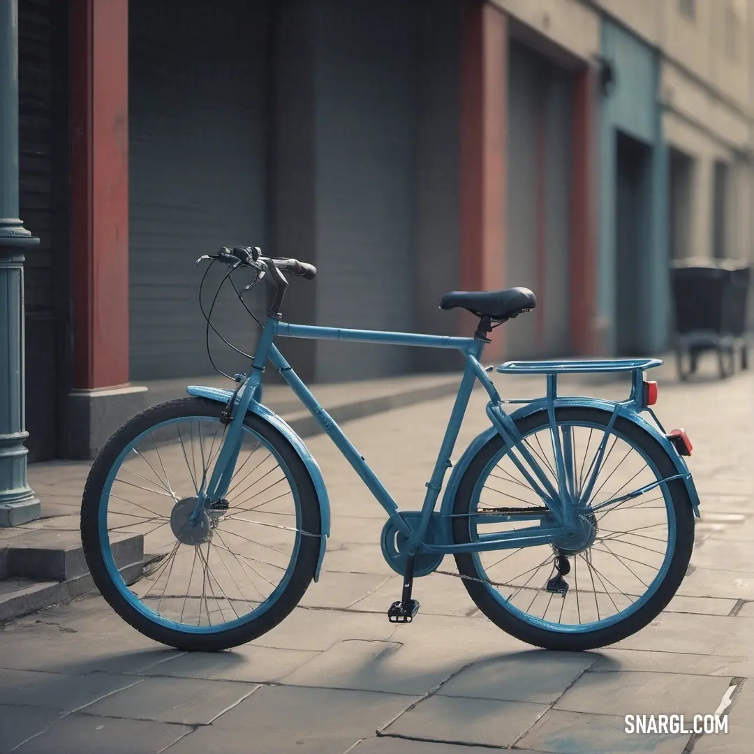 A beautifully composed shot of a blue bicycle parked casually along a sidewalk, next to a charming building featuring an eye-catching red door. The colors of the scene showcase a stunning contrast with the CMYK values of 24,8,41,19, creating an inviting c