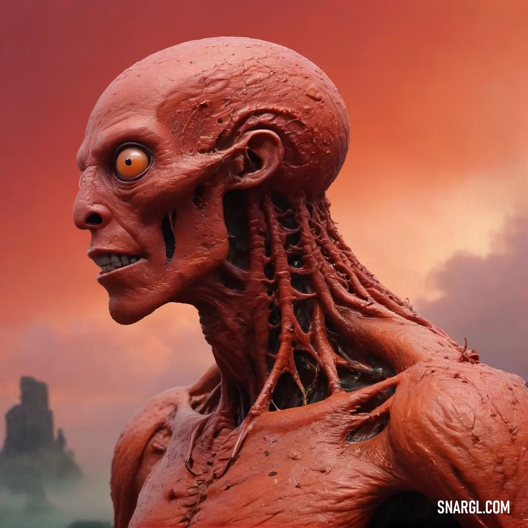 A peculiar, eerie alien-like creature with a perplexed expression gazes into the distance, framed by a dramatic red sky that amplifies its surreal features, creating an otherworldly atmosphere.