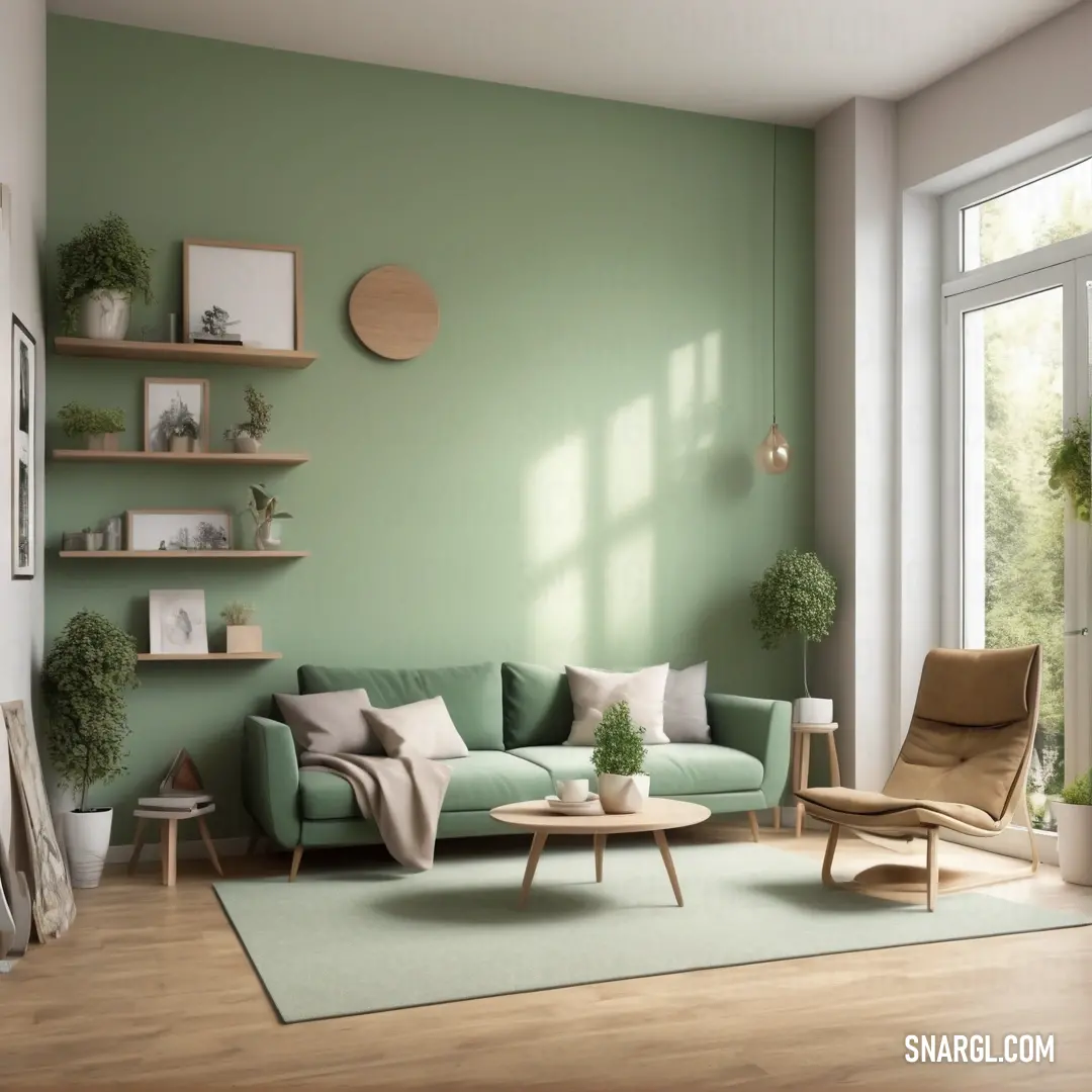 Living room with a green couch and a green rug on the floor and a wooden table with a plant on it. Example of CMYK 24,8,41,19 color.