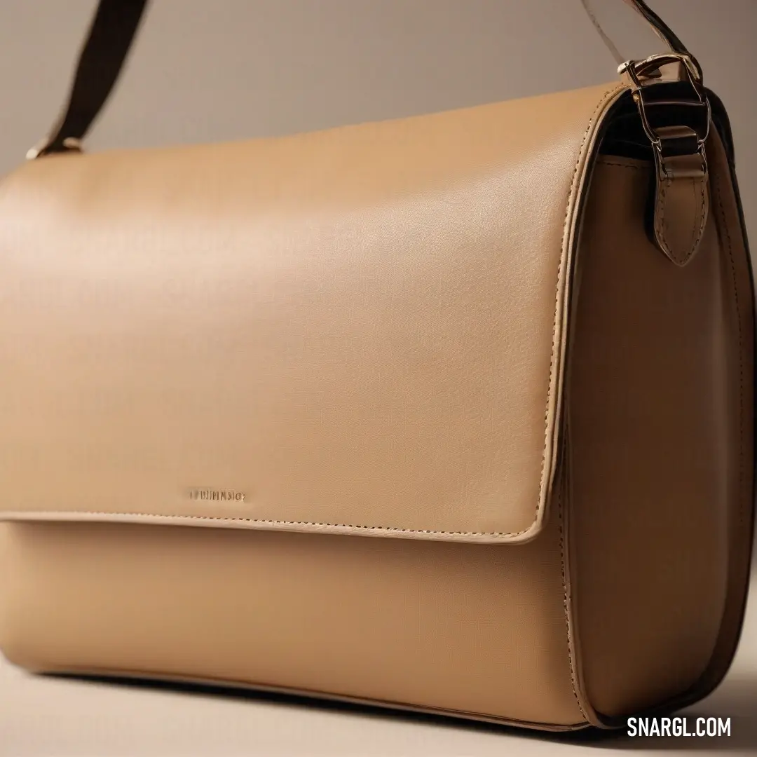 A stylish tan purse with an elegant black strap rests atop a white surface, set against a light brown background. Its modern design blends functionality and fashion, reaching through shades of #AAB08D to elicit sophistication.