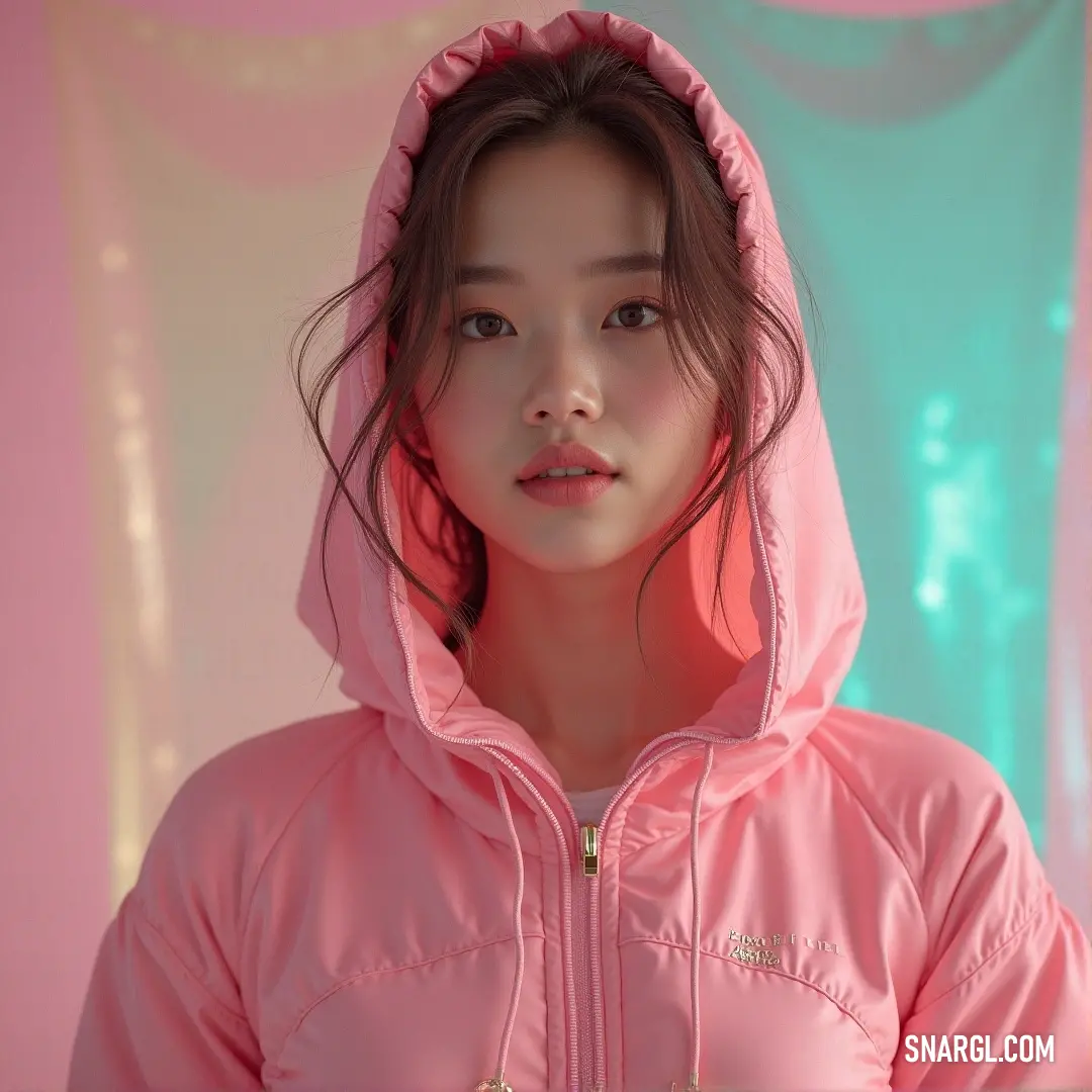 A stylish woman dons a pink jacket with a cozy hoodie, embodying a fun and casual vibe. The soft colors highlight her comfortable look, making her a perfect symbol of modern urban chic against a minimalist backdrop.