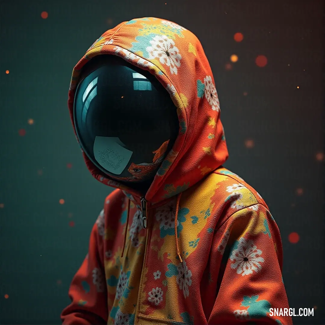 A vibrant individual in a colorful hoodie adorned with an intricate flower pattern, radiating joy and creativity. The bold design complemented by the lively colors creates an eye-catching effect against the backdrop.