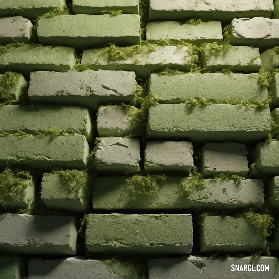 Pile of green bricks with moss growing on them and a white background. Color PANTONE 5783.