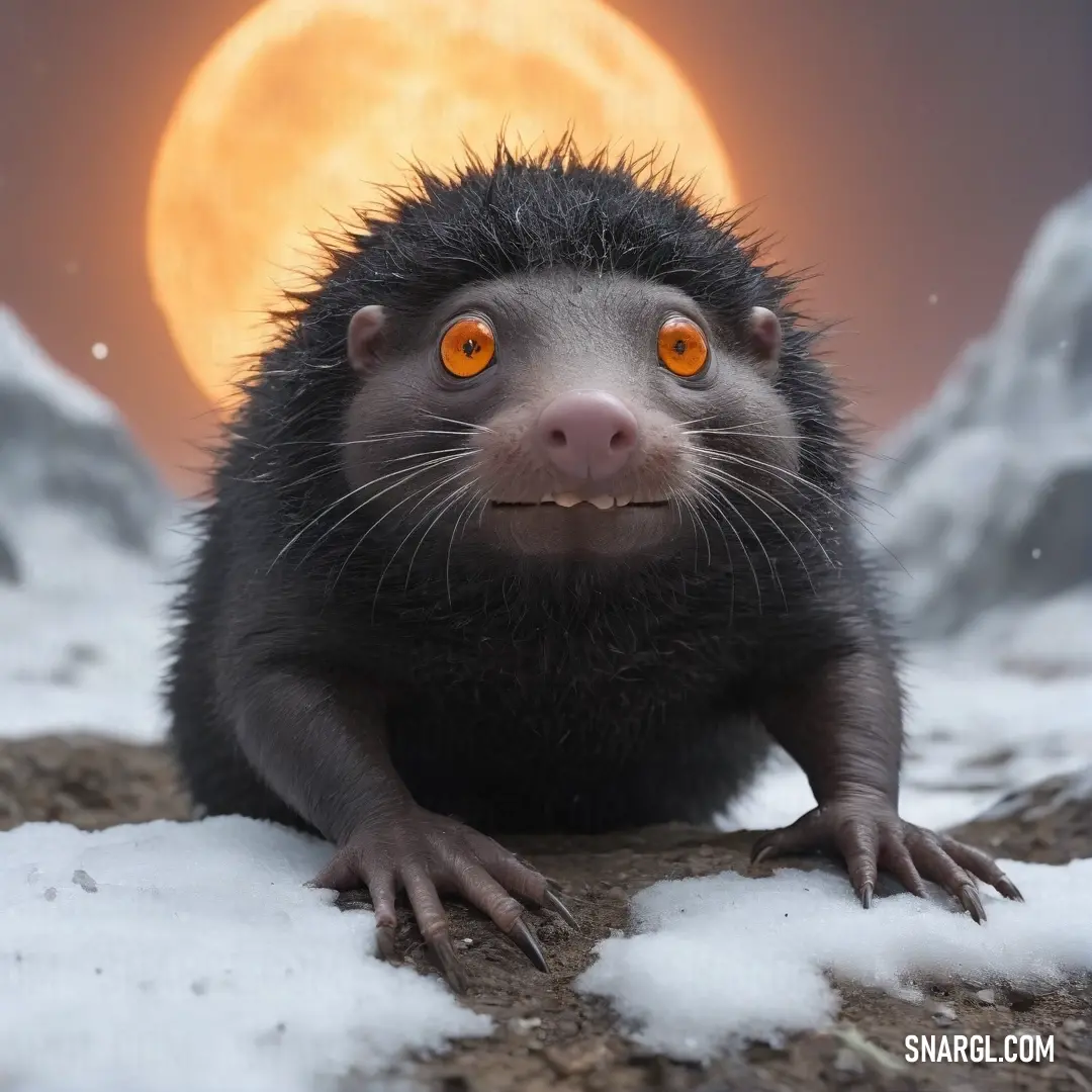 A charming small creature with mesmerizing orange eyes rests gracefully on a snowy landscape, illuminated by the gentle glow of a full moon in the night sky. The scene is tranquil, showcasing a harmonious blend of winter ambiance and subtle colors.