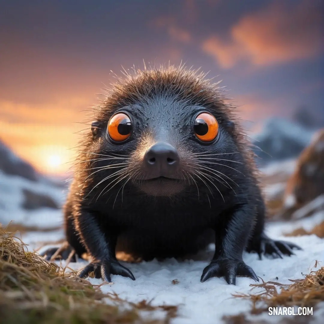 A captivating small creature with expressive orange eyes stands gracefully on a blanket of snow, highlighted by a stunning sunset that paints the horizon with warm hues, enhancing the peaceful winter landscape.