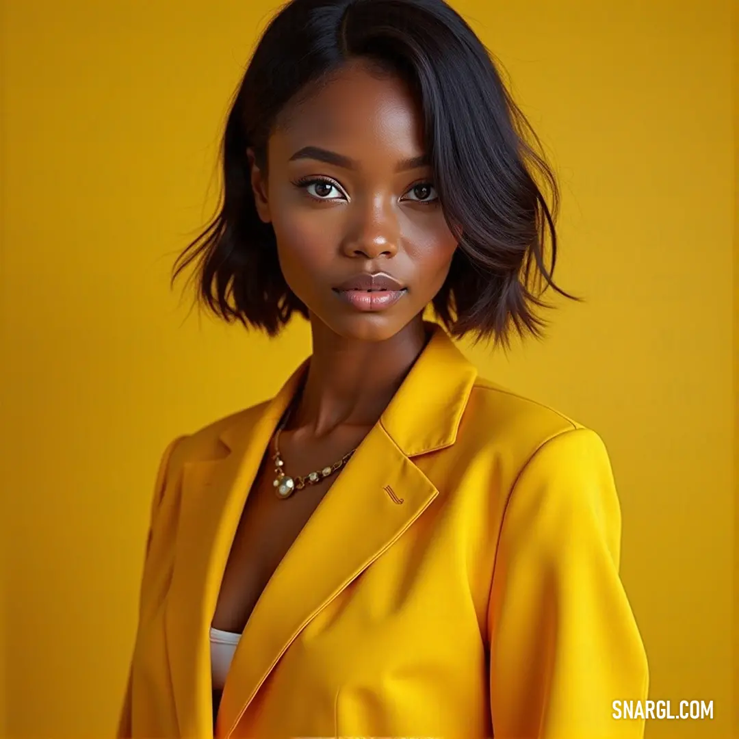 A striking image of a woman in a radiant yellow suit, striking a confident pose. The vibrant color reflects her dynamic personality, surrounded by an uplifting atmosphere that brings out her charismatic charm.