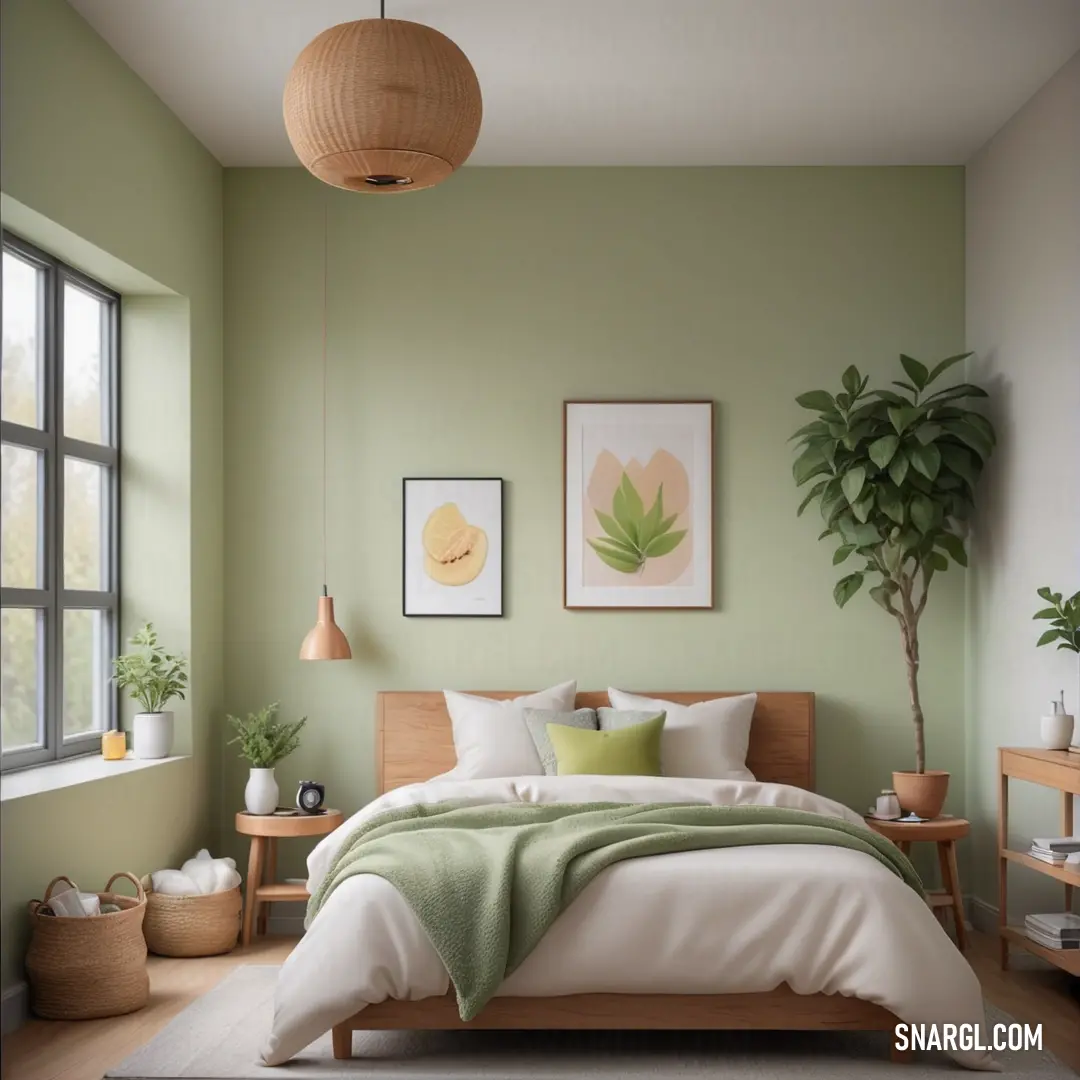 PANTONE 5787 color. Bedroom with a bed, a plant and a window with a view of the outside of the room