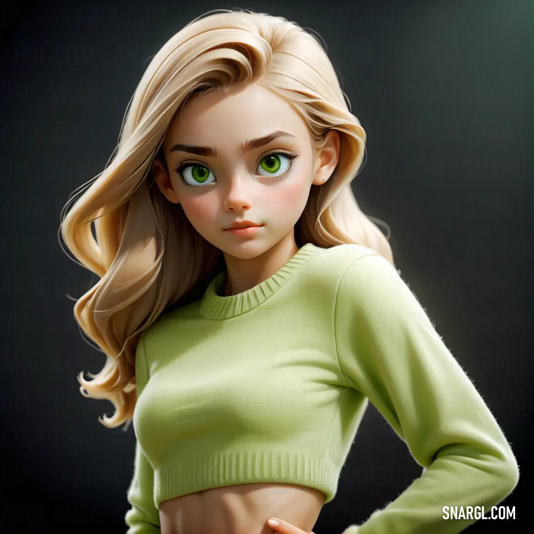 PANTONE 5787 color. Cartoon girl with blonde hair and green eyes wearing a green sweater and jeans