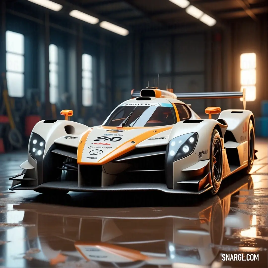 White and orange race car in a garage with a black floor and a large window behind it and a light on the side of the car