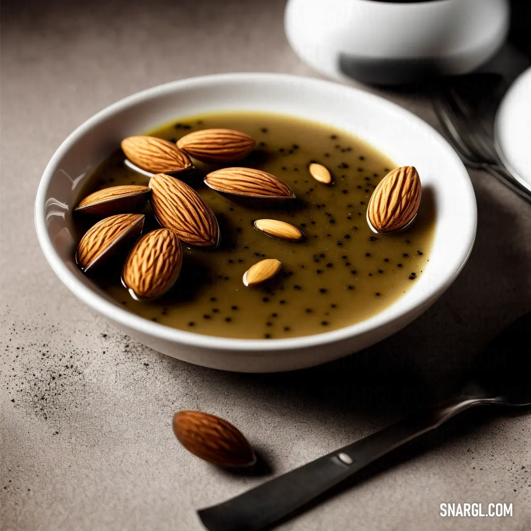 Bowl of almonds and a spoon on a table with a spoon and spoon rest on the table. Example of PANTONE 581 color.