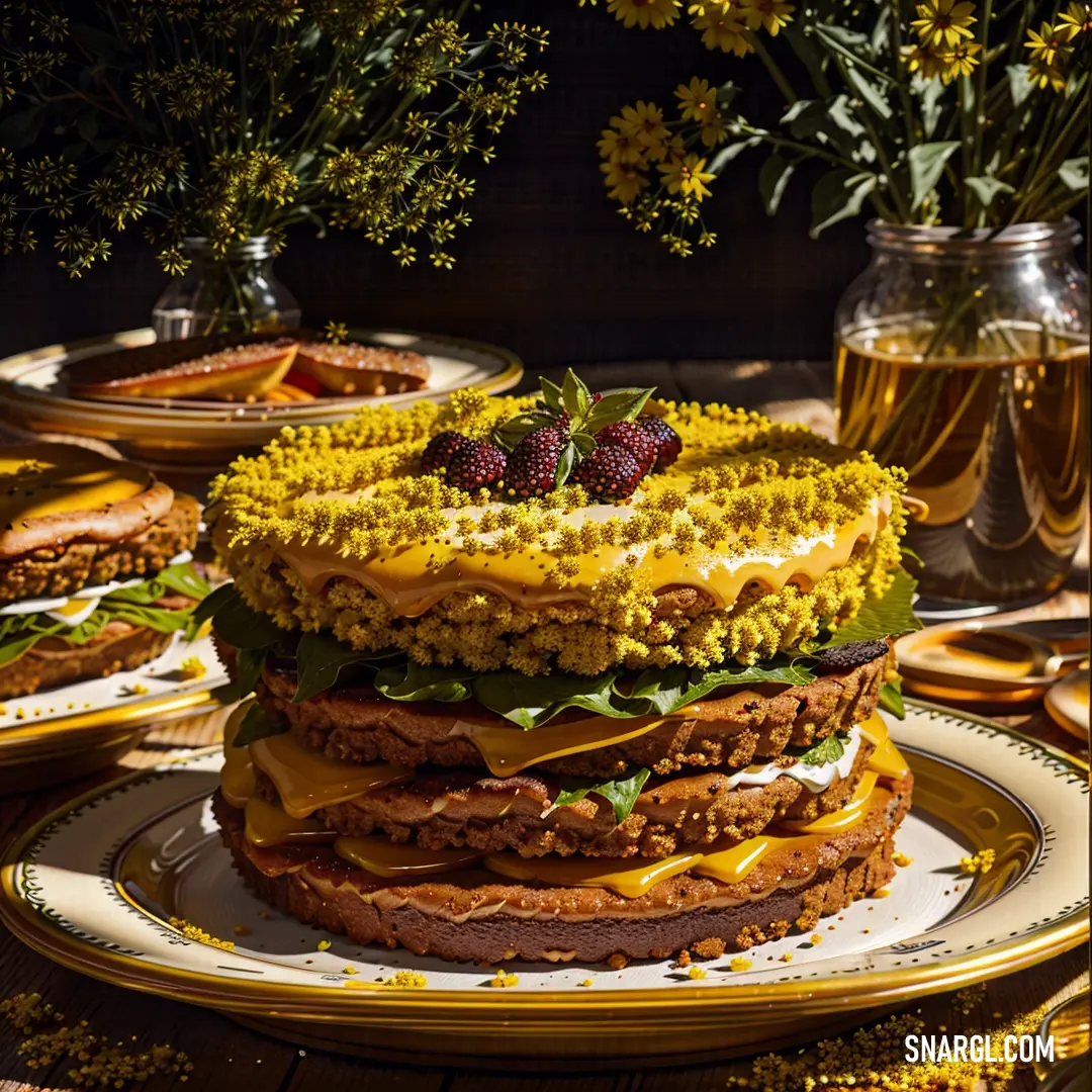 Cake with a lot of yellow frosting on it and some flowers in the background on a table. Color RGB 101,95,28.