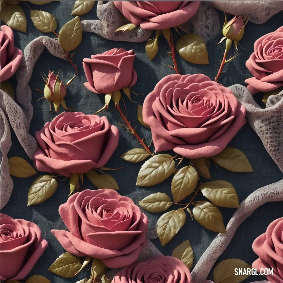 Bunch of pink roses on a blue background. Example of PANTONE 5815 color.