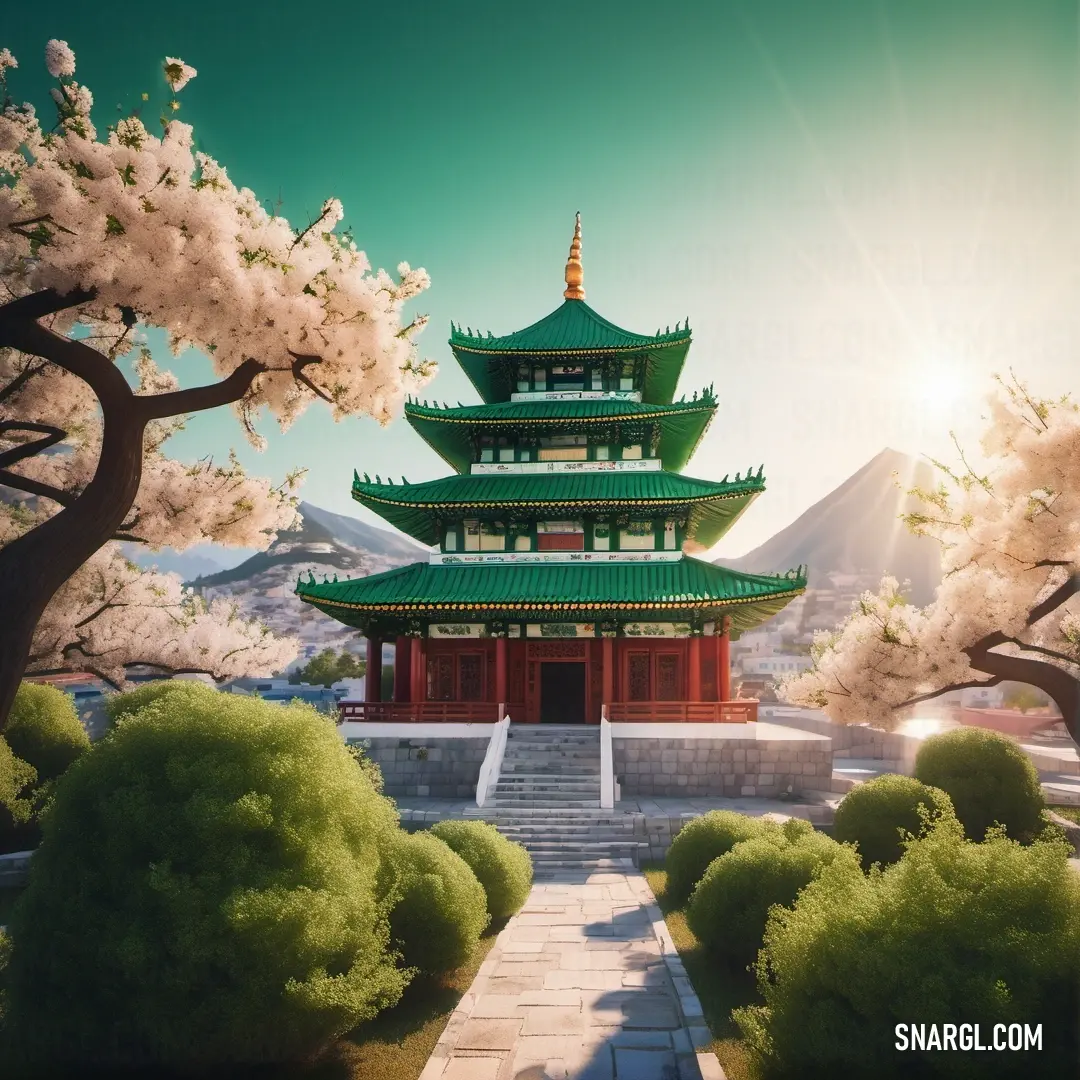 Pagoda with a green roof surrounded by cherry blossoms and trees with a mountain in the background in the daytime