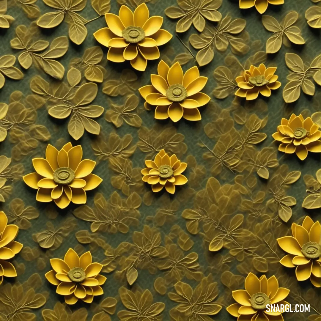Wall with a bunch of flowers on it's side and a green background with gold flowers on it. Color CMYK 22,15,86,47.
