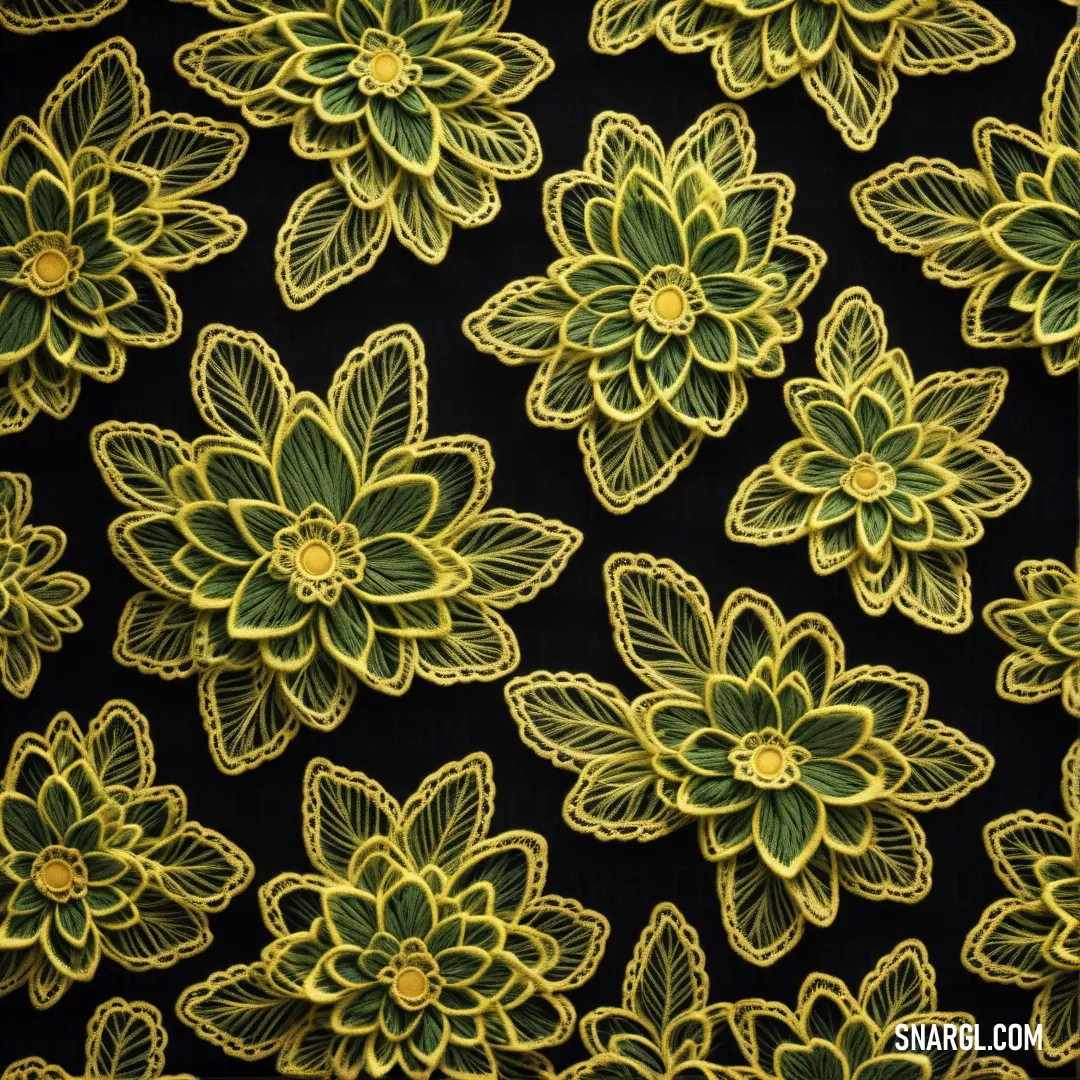 PANTONE 584 color. Black and yellow flower pattern with green leaves on it's side and a black background