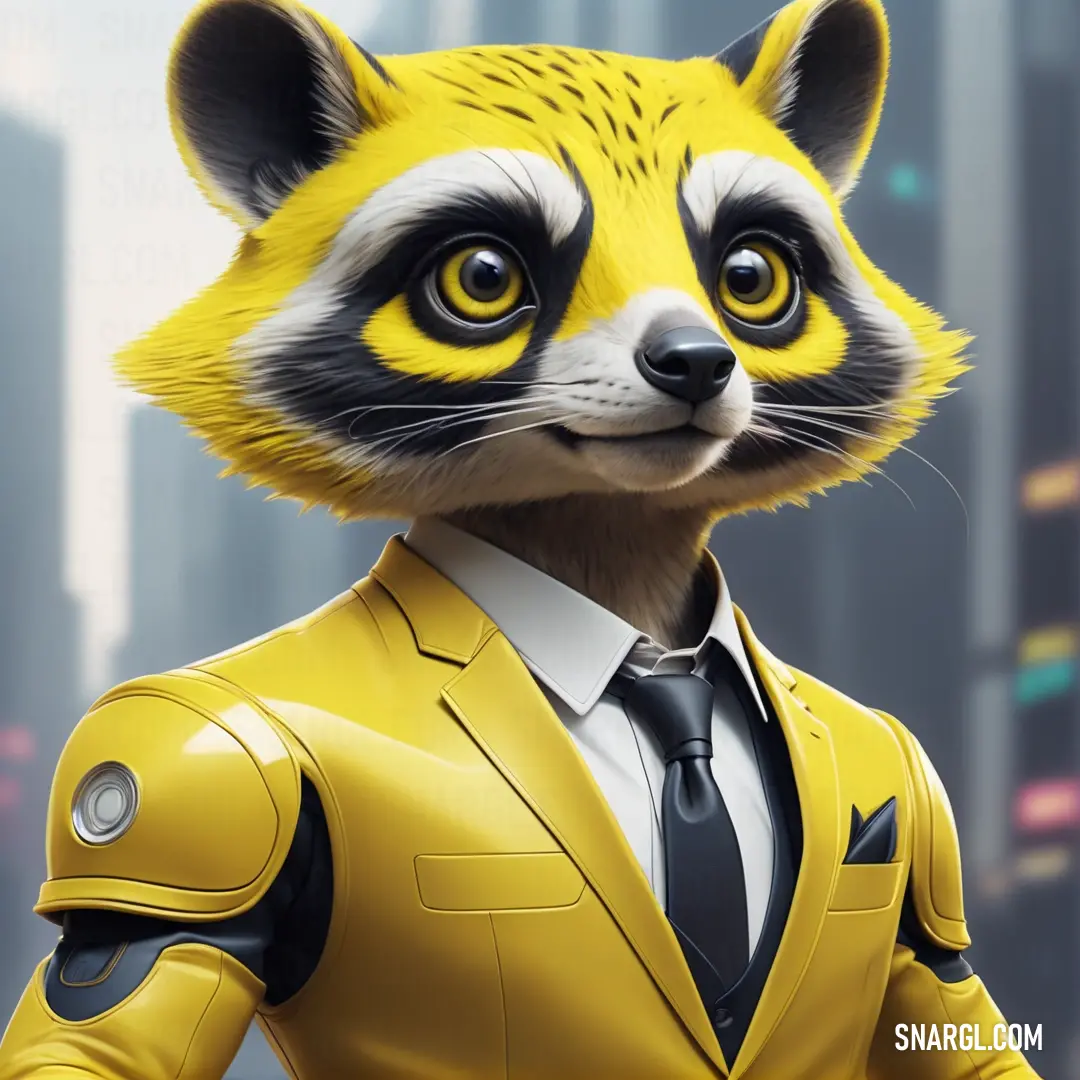Cartoon character dressed in a suit and tie with a raccoon face on his chest and a city background. Color RGB 208,215,65.