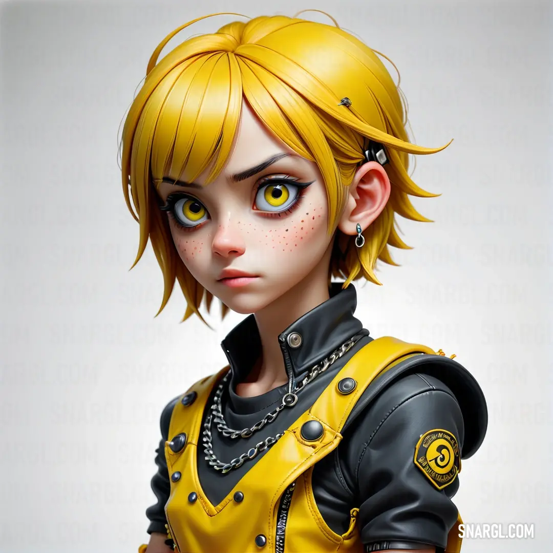 Cartoon character with yellow hair and black eyes and a yellow jacket with black accents and a black collar. Example of RGB 208,215,65 color.