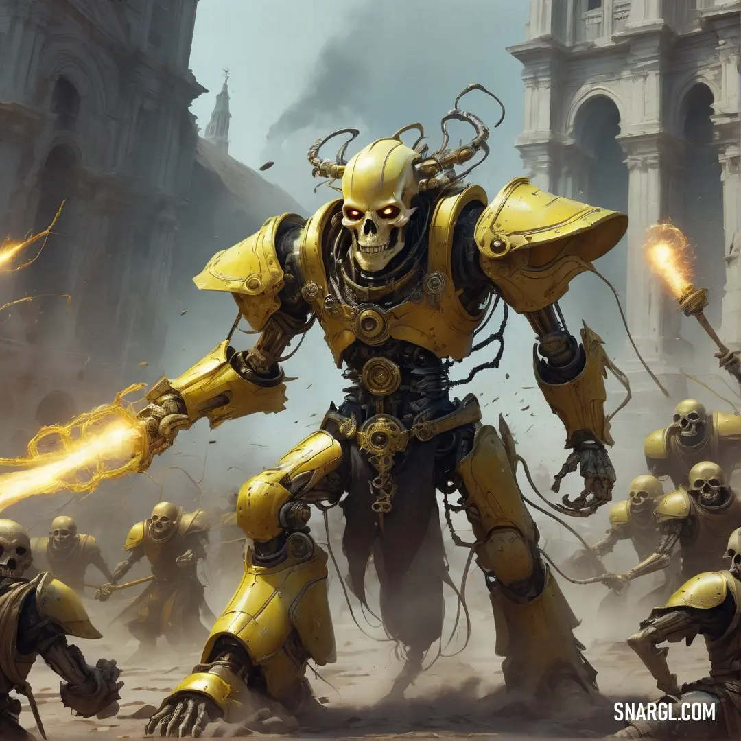 Group of warhammers with yellow and black paint on their bodies and arms and legs. Color RGB 208,215,65.