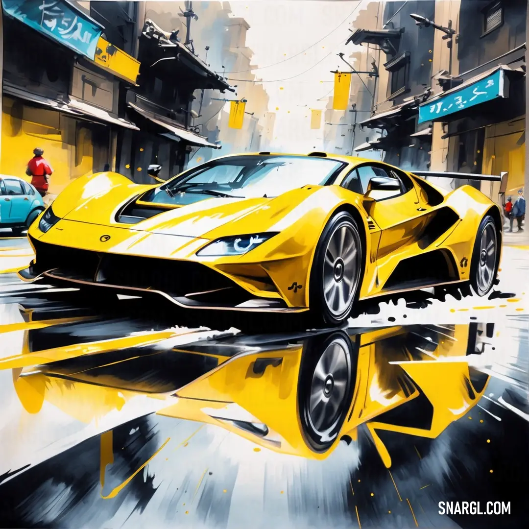 Painting of a yellow sports car on a wet street with a man walking by it and a woman walking by. Example of CMYK 21,0,89,0 color.