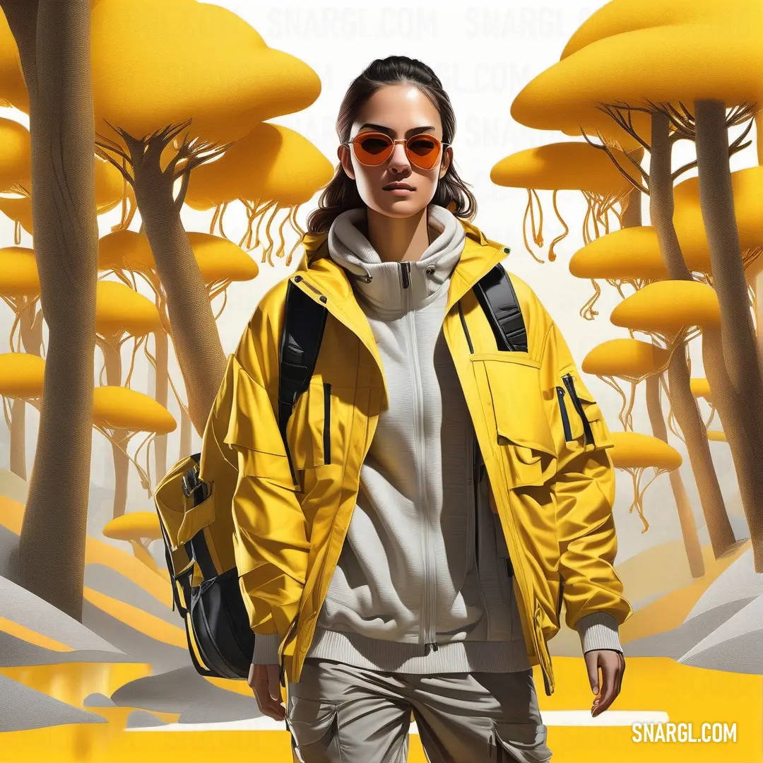 Woman in a yellow jacket and sunglasses walking through a forest of yellow trees with a white background. Example of #D0D741 color.