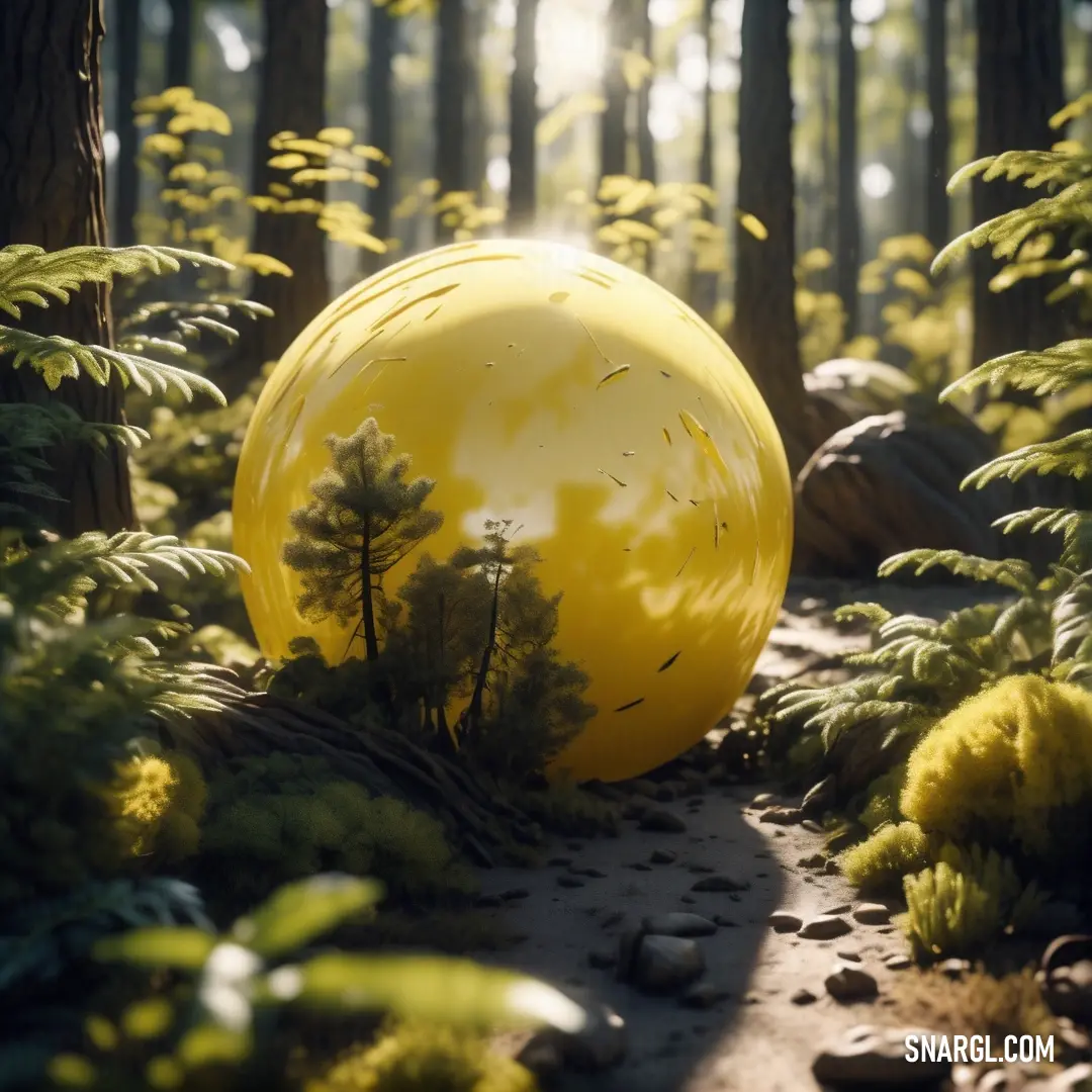 Yellow ball in the middle of a forest with trees and rocks on the ground and grass on the ground. Color #D0D741.