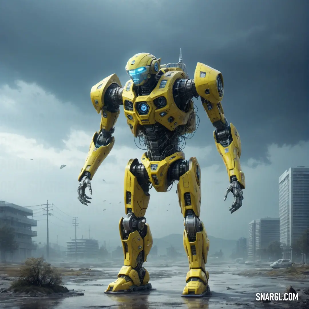 PANTONE 584 color example: Yellow robot standing in a wet area with a city in the background