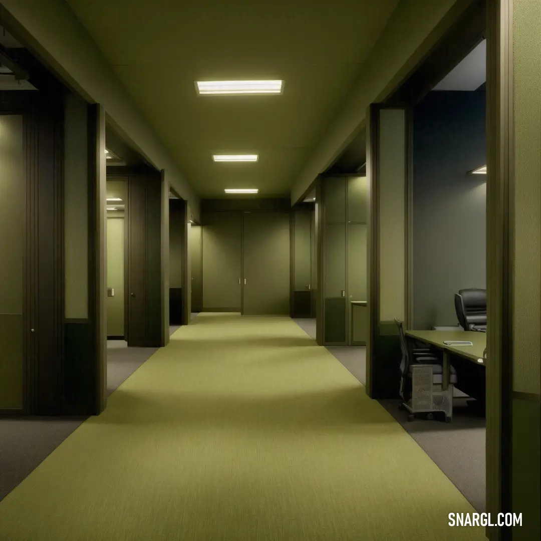 Long hallway with a green carpet and a desk in the middle of it. Color RGB 175,170,107.