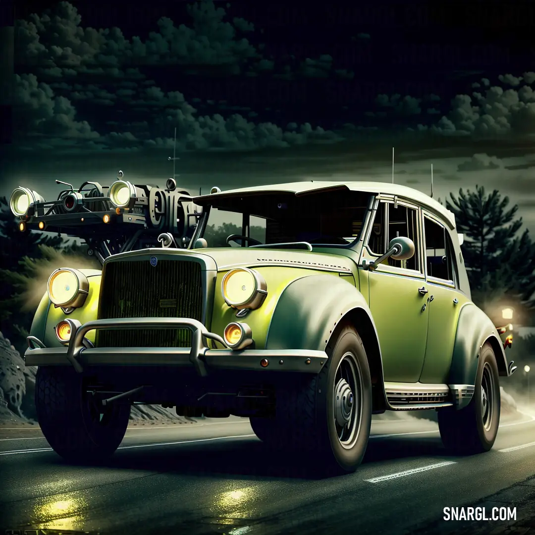 PANTONE 585 color example: Green and white car driving down a road at night with headlights on it's headlights are on