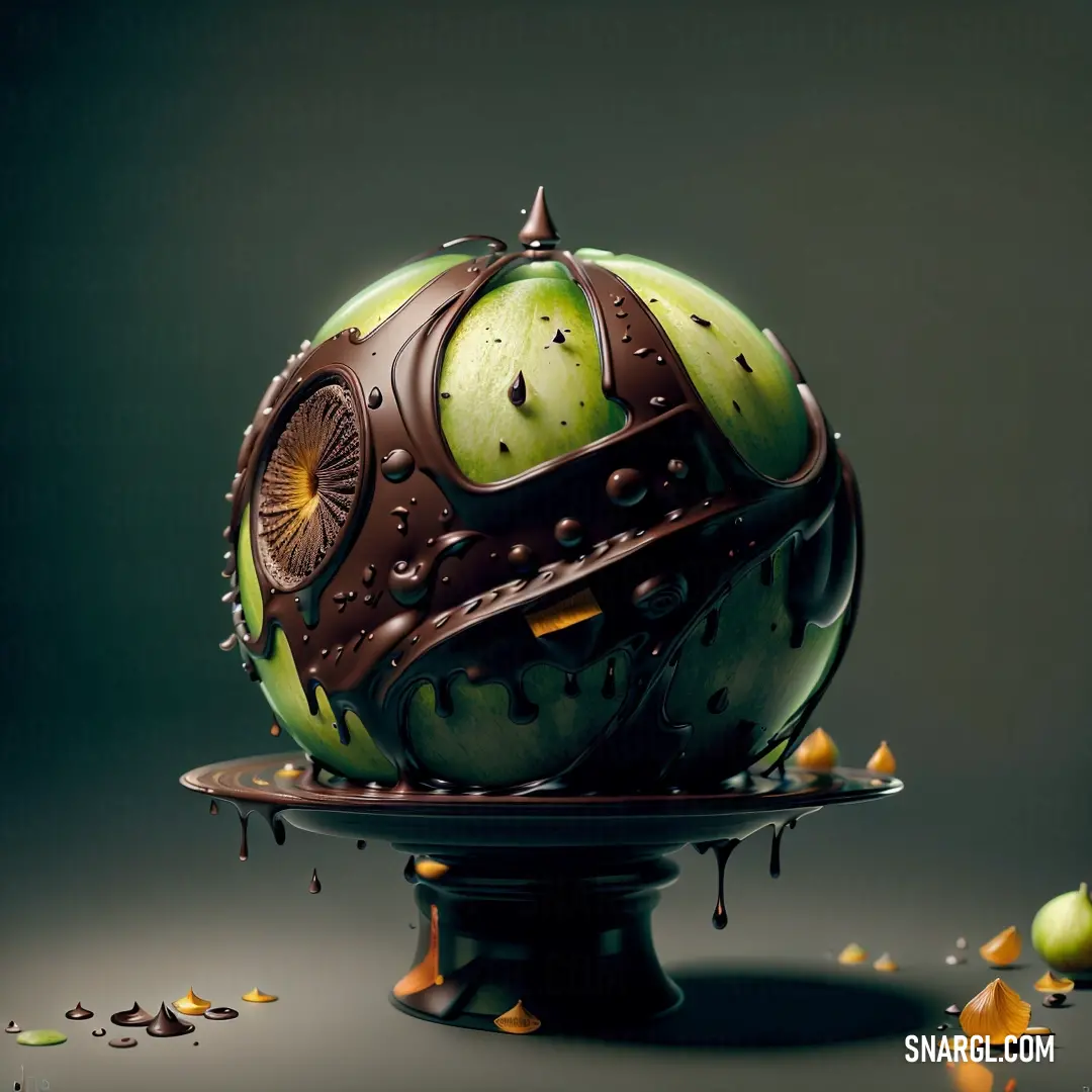 Green apple with a mechanical design on it's surface and drops of chocolate on the ground around it. Example of PANTONE 585 color.