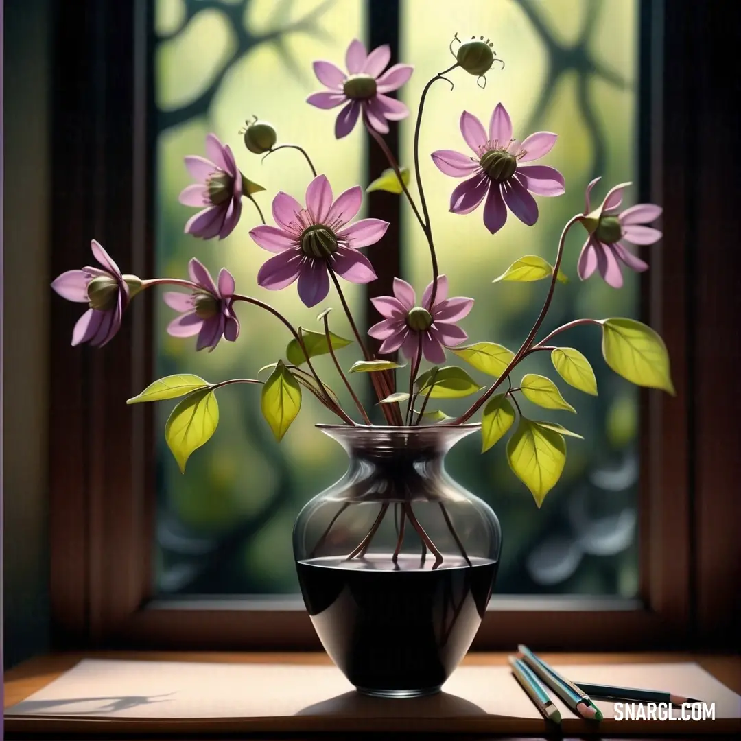 PANTONE 585 color. Vase with flowers in it on a table next to a window sill with a pen and pencil