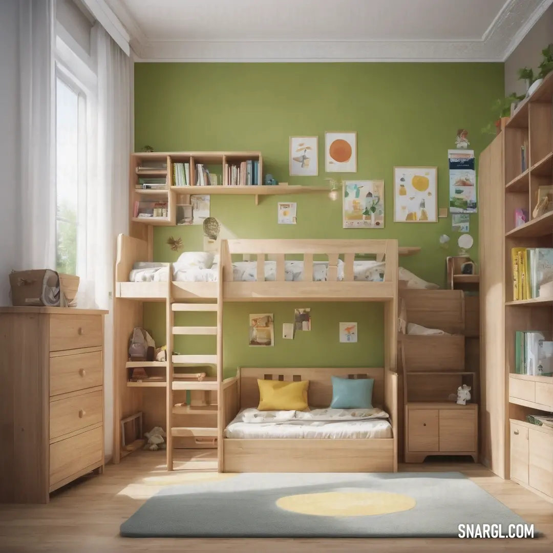 Bedroom with a bunk bed and a book shelf in it and a rug on the floor in front of the bed. Example of RGB 196,193,142 color.