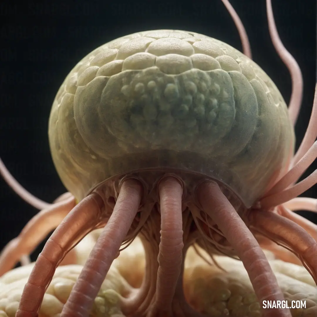 Close up of an animal with long legs and a ball on its head, with a black background. Color #C4C18E.