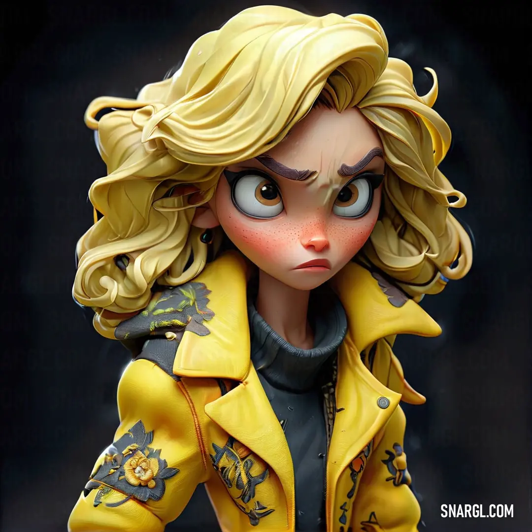 Close up of a toy doll wearing a yellow jacket and black shirt with a yellow flower on it. Color #E3E385.