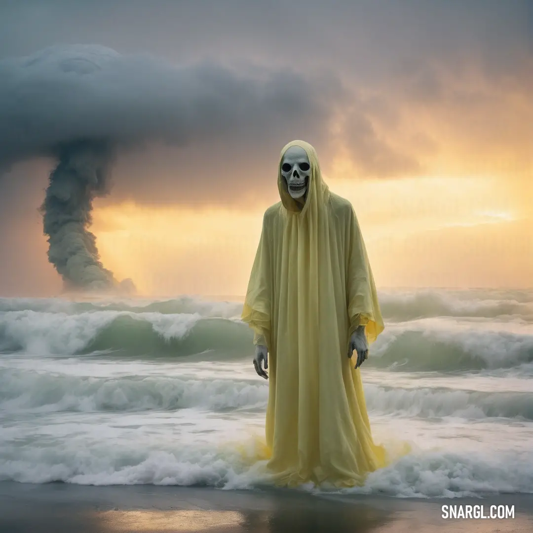 Man in a yellow robe standing in the ocean with a large black cloud in the background. Example of #E3E385 color.