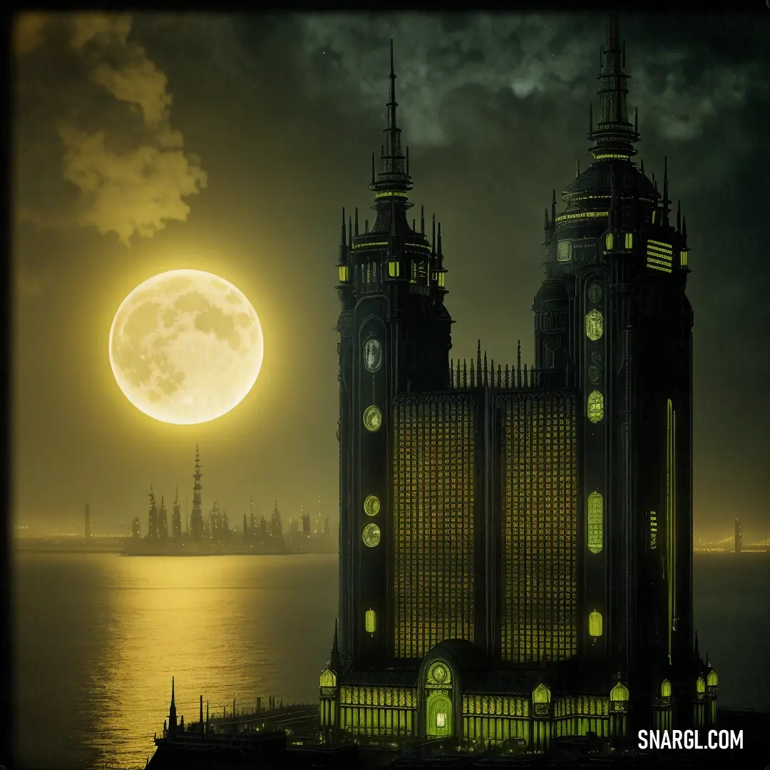 Large building with a clock tower on it's side and a full moon in the background. Example of CMYK 9,0,50,0 color.