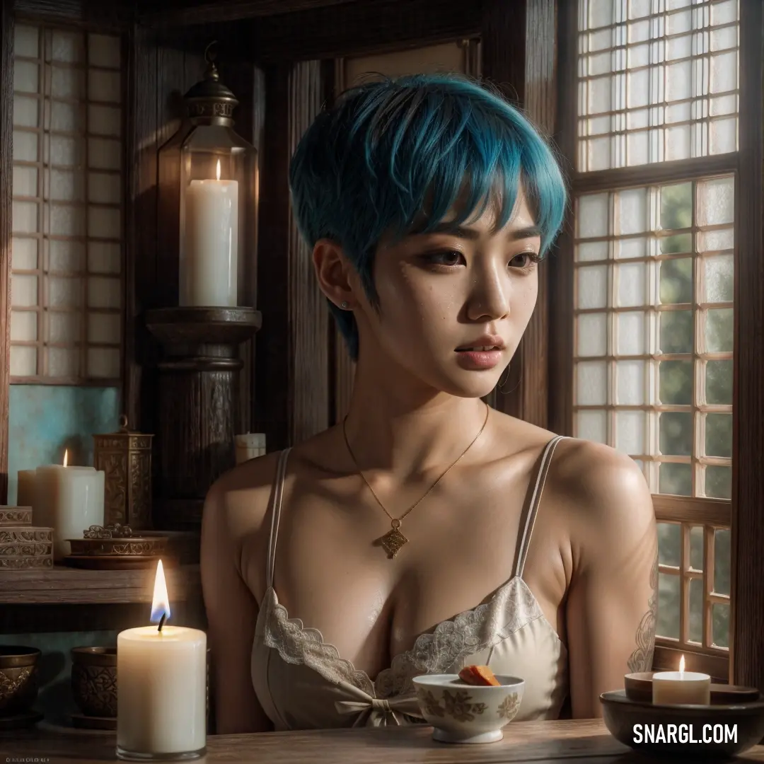 PANTONE 5875 color example: Woman with blue hair at a table with a tea cup and candle in front of her and a candle lit window behind her
