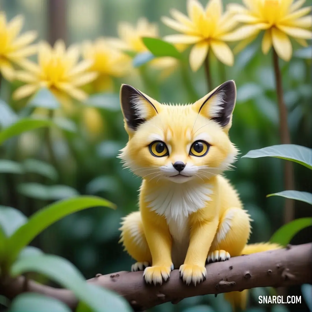 Small yellow kitten on a branch in a garden of flowers. Example of #F3EDAA color.