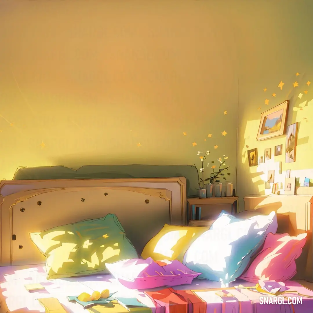 Bed with a bunch of pillows on it in a room with a yellow wall and a star shaped painting. Color #EFEA9B.