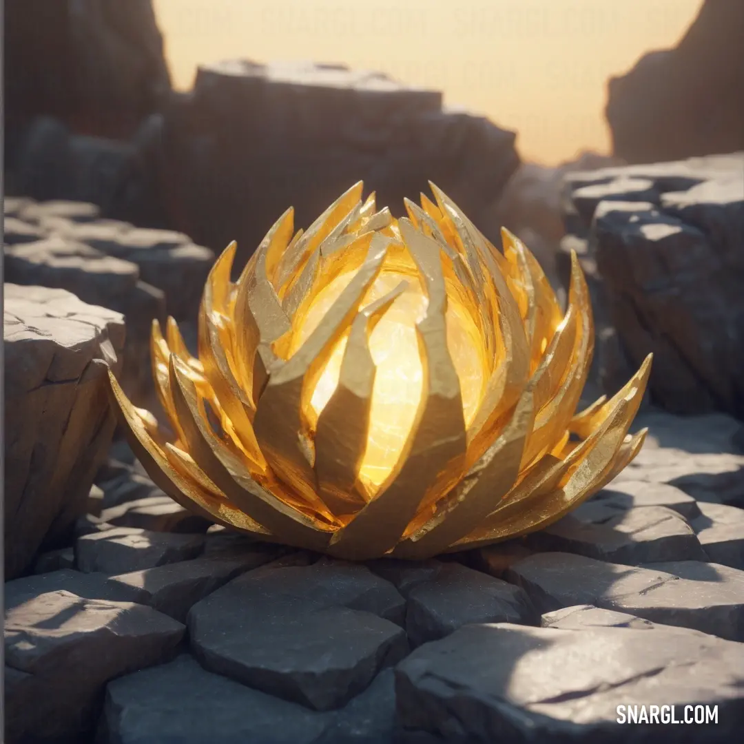 Golden flower on top of a stone ground next to rocks and a rock wall in the background. Example of CMYK 4,0,47,0 color.
