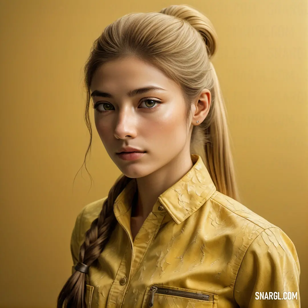 Woman with a ponytail in a yellow shirt and a ponytail in a ponytail is looking at the camera. Color CMYK 4,0,47,0.