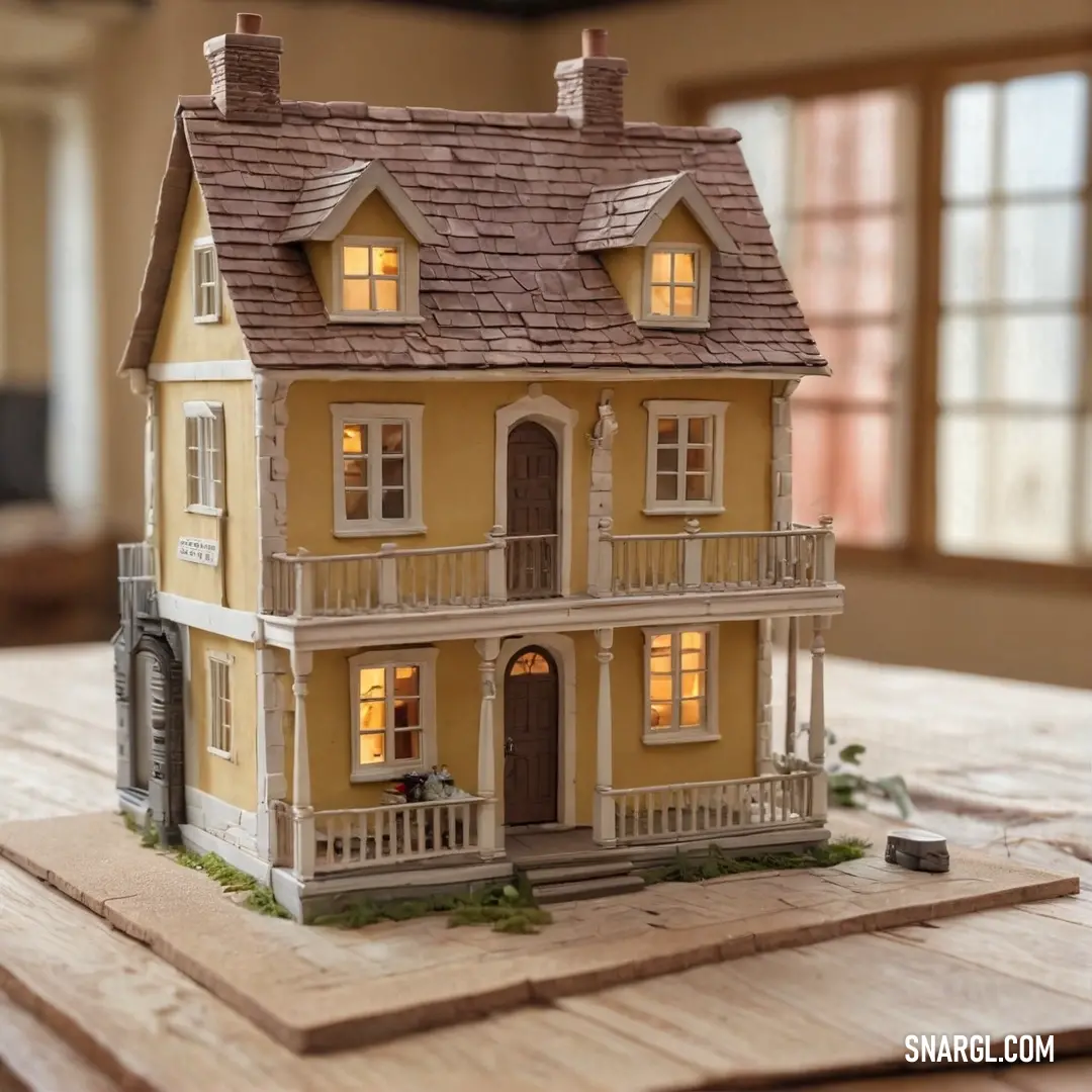 A delightful dollhouse perched atop a wooden table next to a window, exuding charm and playfulness. The door to another room hints at adventures to be discovered within this cozy and imaginative setting.