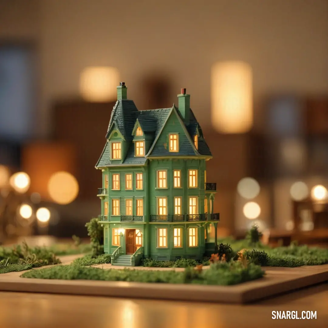 A delightful green dollhouse perched elegantly atop a worn wooden table, adorned with a flickering candle holder under the gentle light of a nearby window. This scene exemplifies the beauty of homely warmth highlighted by the soft shade of #EDE88A.