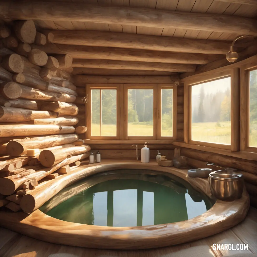 A luxurious hot tub set in a rustic log cabin, offering a breathtaking view of the woods through its window. The wooden structure, alongside the soothing water, provides a perfect retreat for relaxation and rejuvenation.