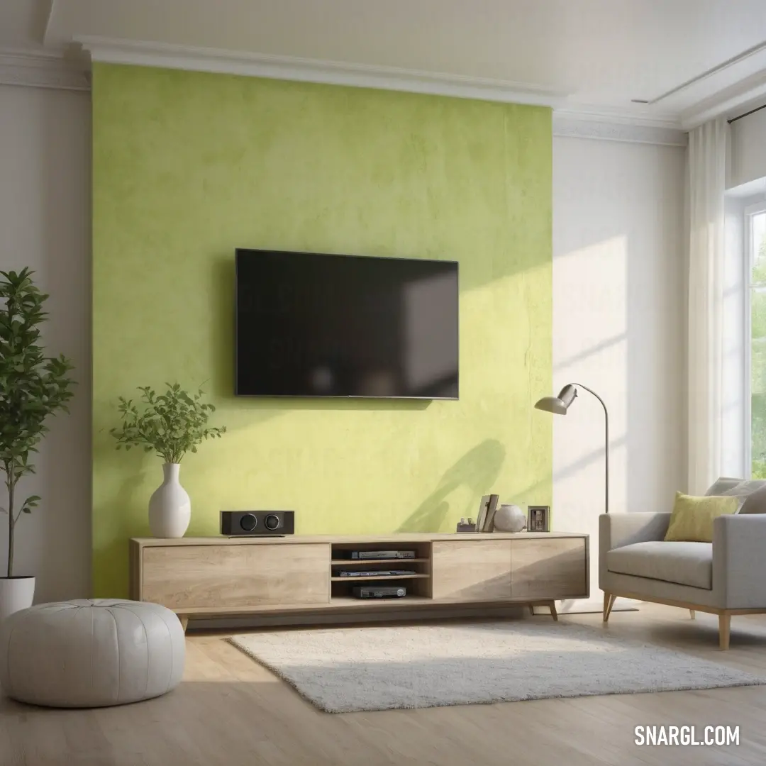 A modern living room featuring a large flat-screen TV mounted on the wall with a sleek white ottoman in front. The color #EDE88A gently enhances the room’s clean, contemporary aesthetic.