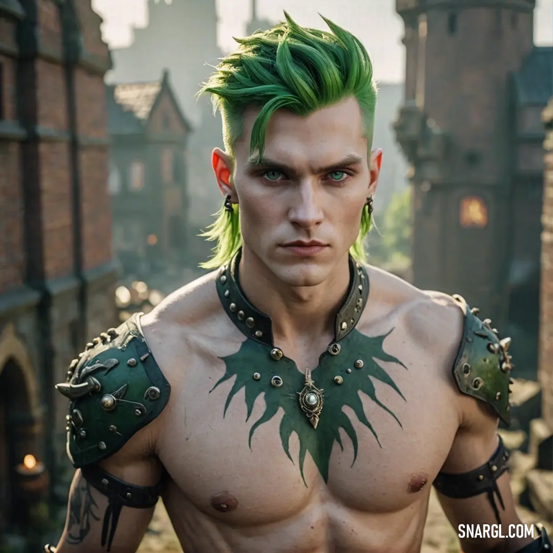 A striking figure of a man with vibrant green hair and a bold mohawk stands proudly in front of a majestic castle adorned with a grand clock tower. The scene radiates with energy, accentuated by the captivating PANTONE 602 color scheme.