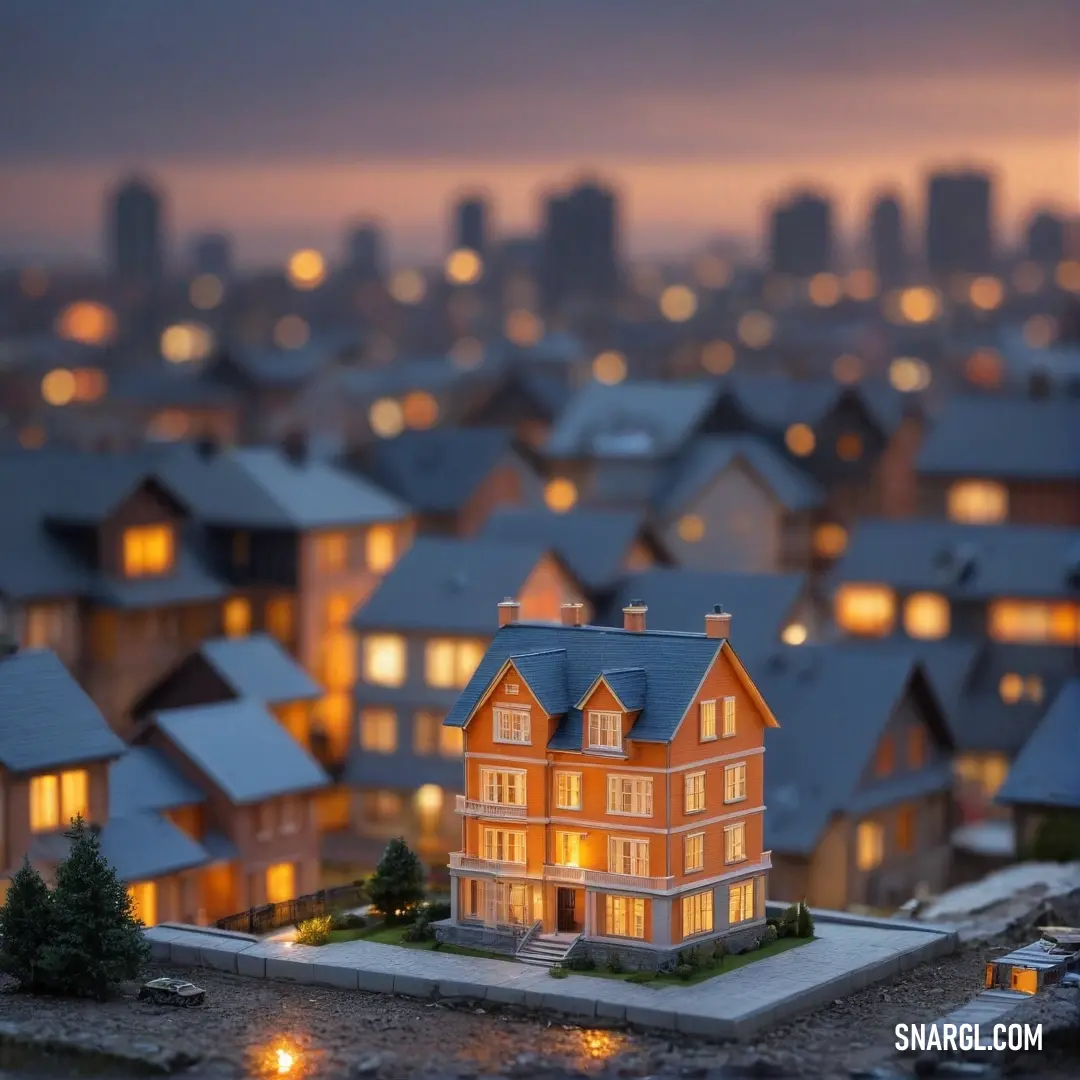 A beautifully designed model house showcasing intricate architectural details, set against a vibrant city skyline that shines in the background. This image highlights a unique blend of colors characterized by CMYK values, creating a stunning visual effect