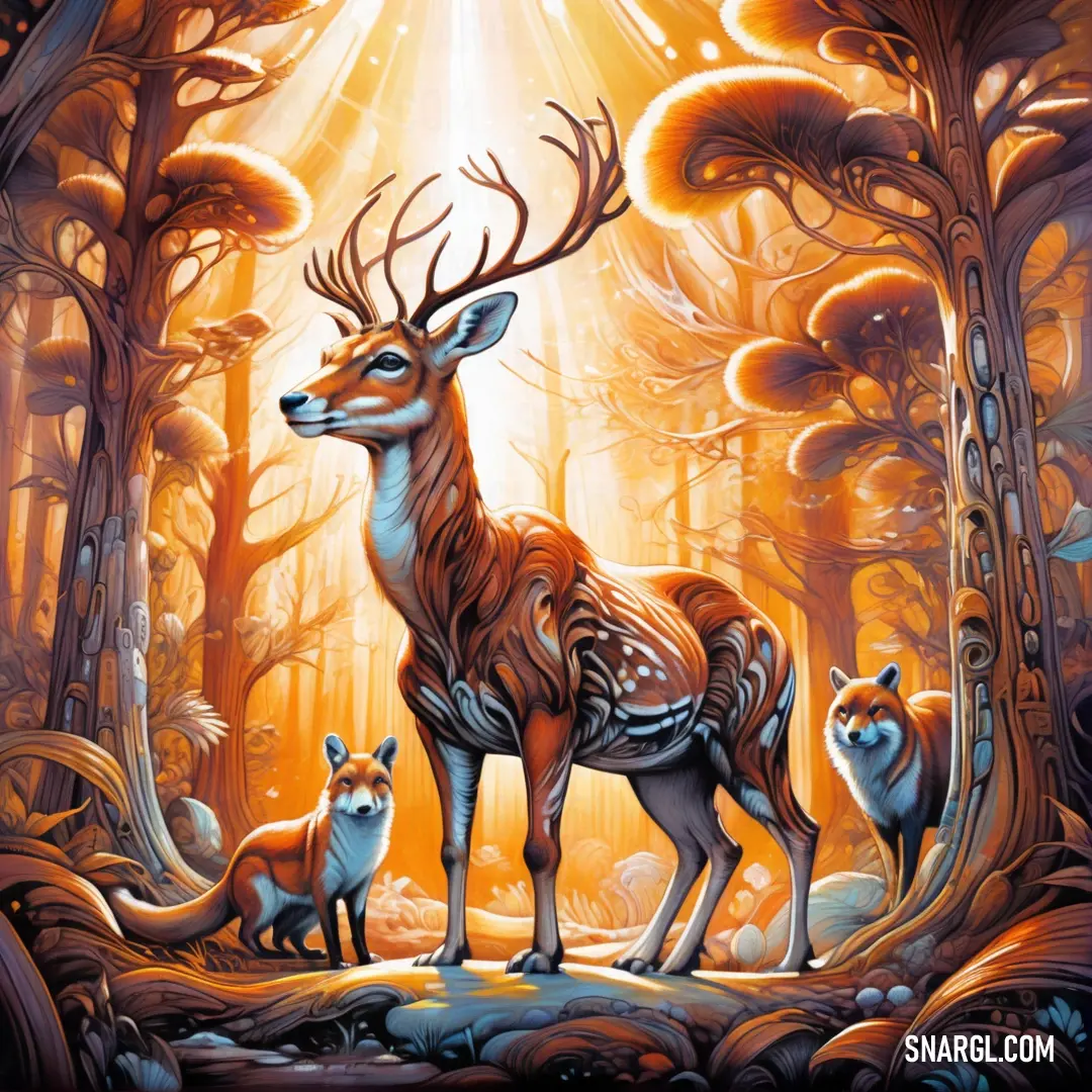 A serene painting captures a deer and two playful foxes amidst a sunlit forest, where sunbeams dance through the trees, highlighting the gentle hues of RGB 237,232,138. It's a moment of peace in nature's embrace.