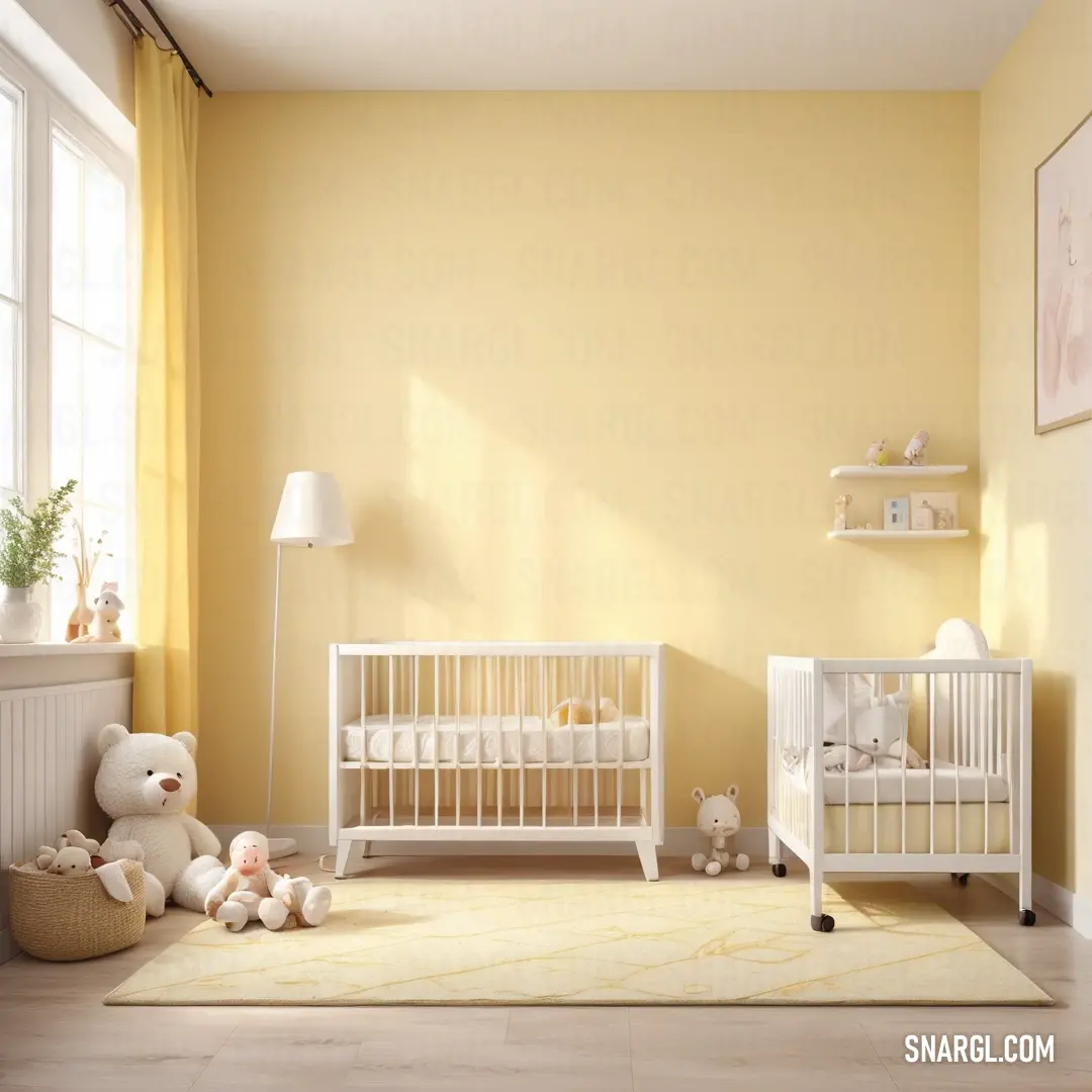 A heartwarming scene of a baby's room featuring a quaint crib and a cuddly teddy bear nestled in the corner, surrounded by cheerful yellow walls. The inviting atmosphere is accentuated by PANTONE 602, creating a nurturing haven for sweet dreams.