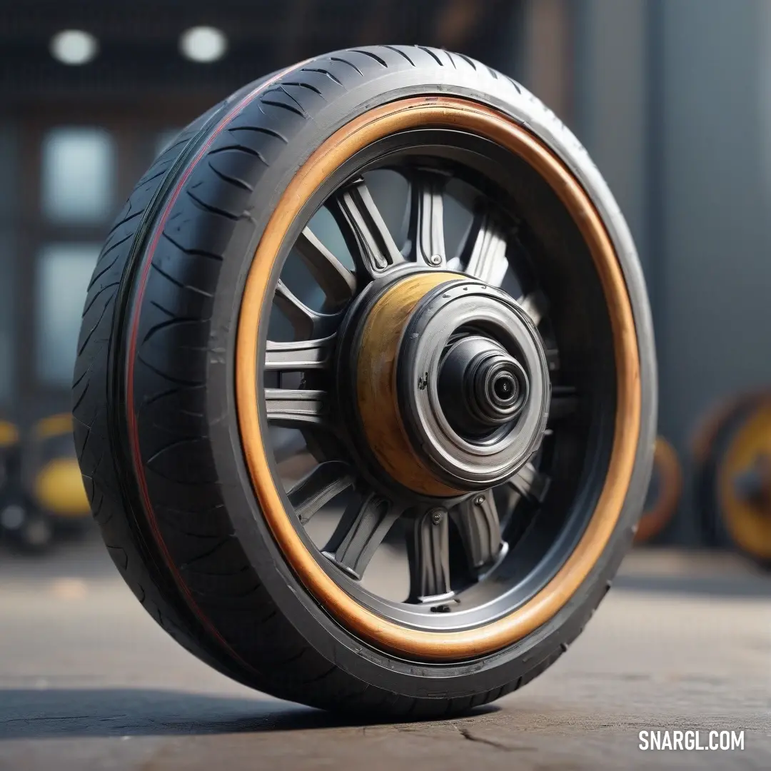 A close-up shot of a motorcycle tire resting on a sidewalk, with the sun reflecting off the rubber surface. In the background, other parked vehicles are visible, showcasing a burst of vibrant yellow from the tire’s color, reminiscent of the PANTONE