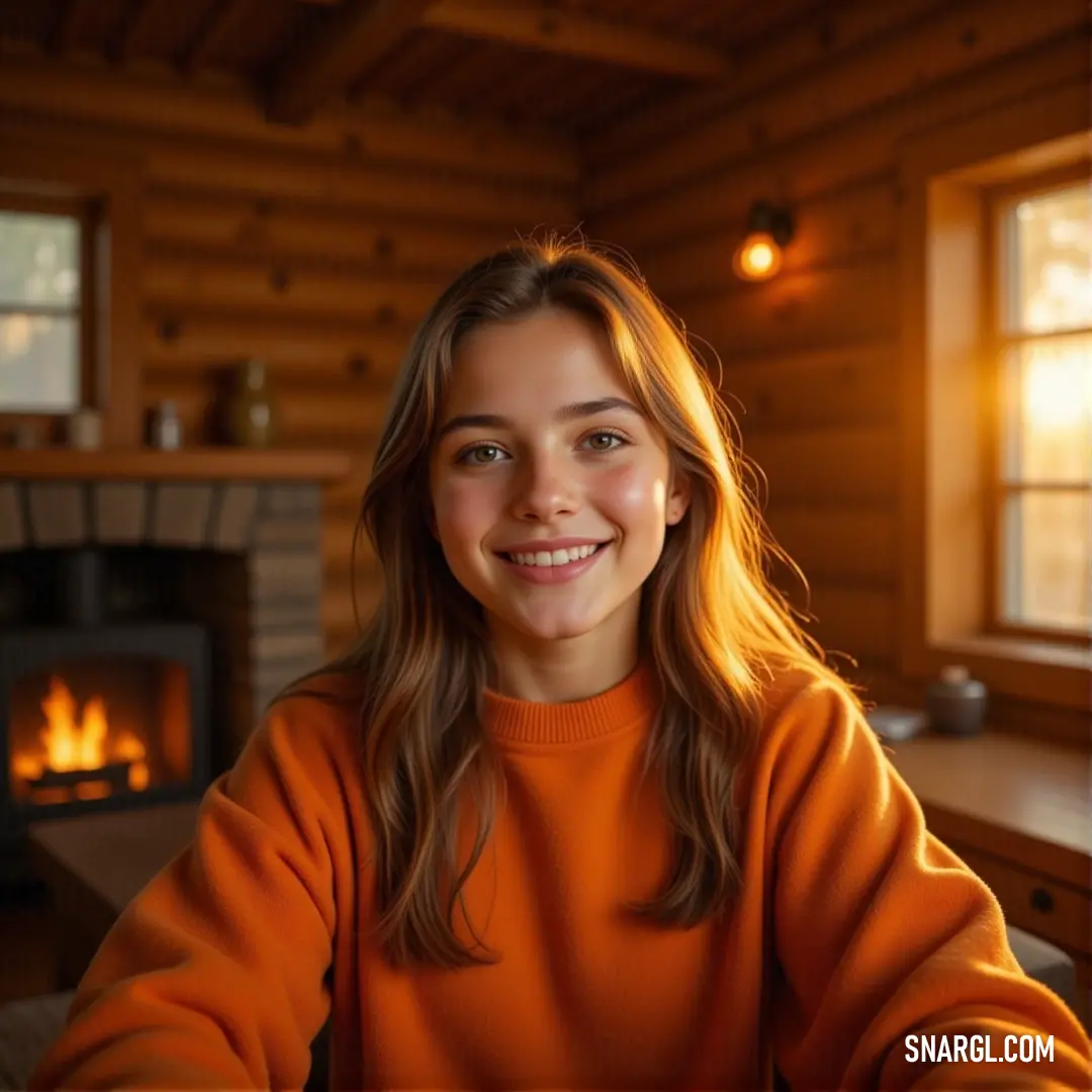 A cheerful girl wearing a vibrant orange sweater poses joyfully in front of a cozy fireplace, radiating warmth and happiness. The space is filled with soft light, creating a welcoming atmosphere. Color reference: PANTONE 602.